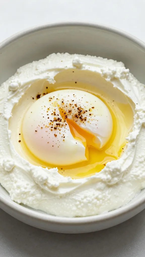Poached egg atop labneh, za’atar dusting, ceramic bowl