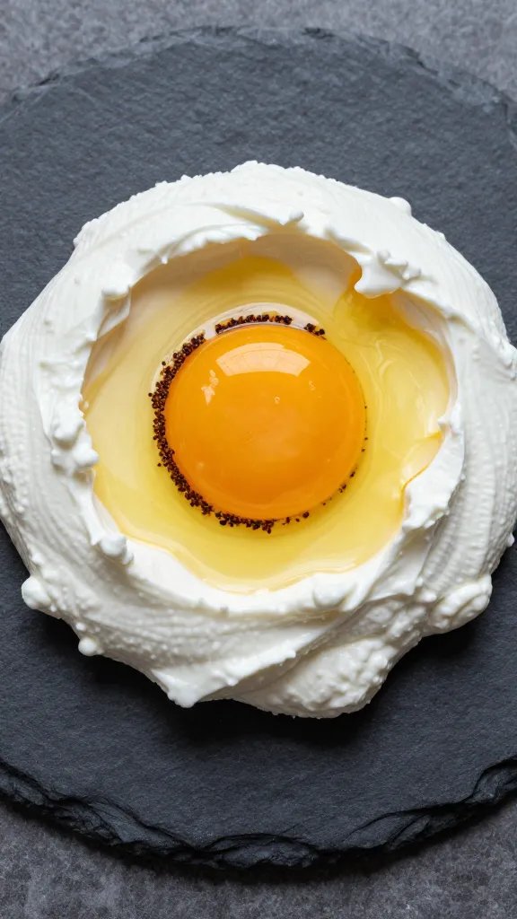 Runny yolk over labneh, za’atar ring, black slate