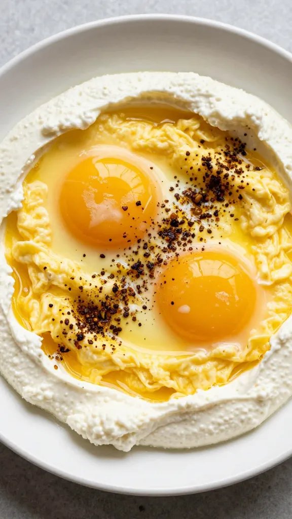 Soft-scrambled eggs on labneh, za’atar finish, shallow dish