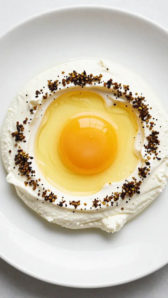 Sunny-side egg with labneh bed, za’atar halo, white plate