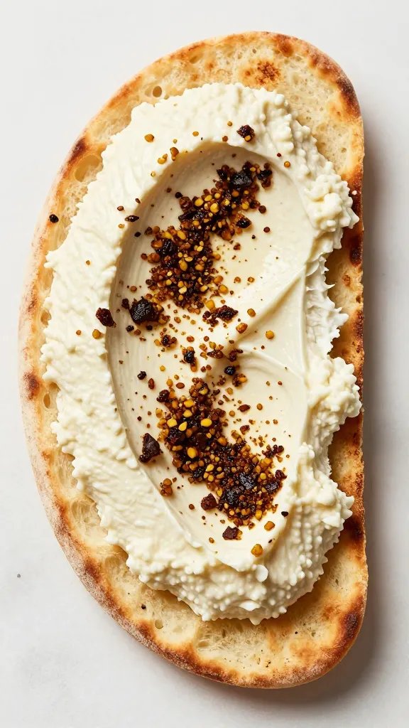 Toasted flatbread slice smeared with labneh and za’atar