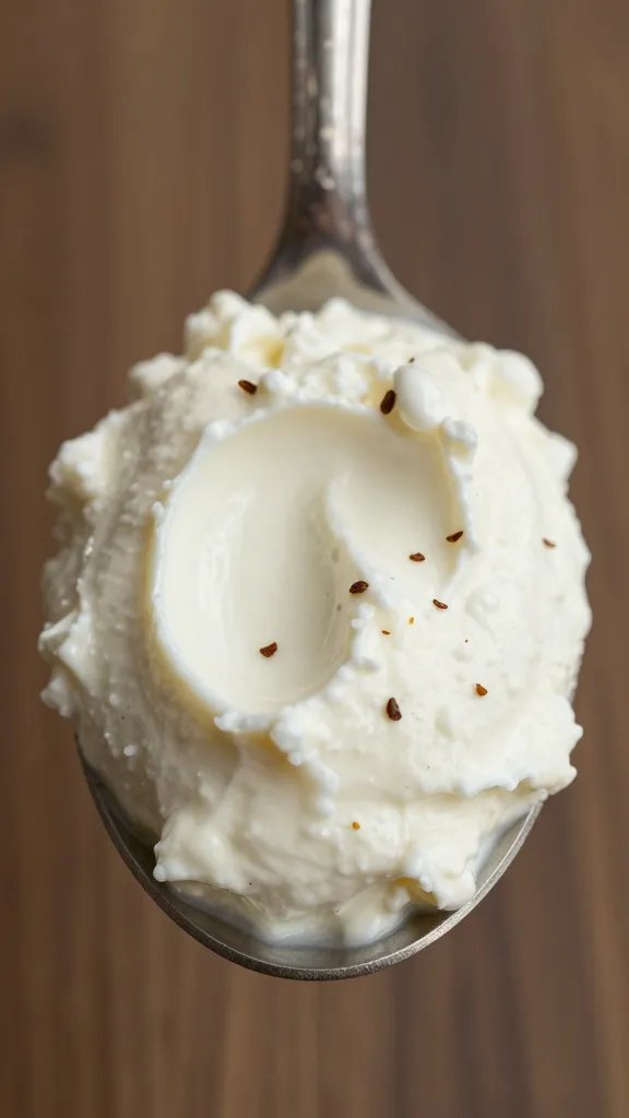 Spoonful of labneh with visible za’atar flecks, macro