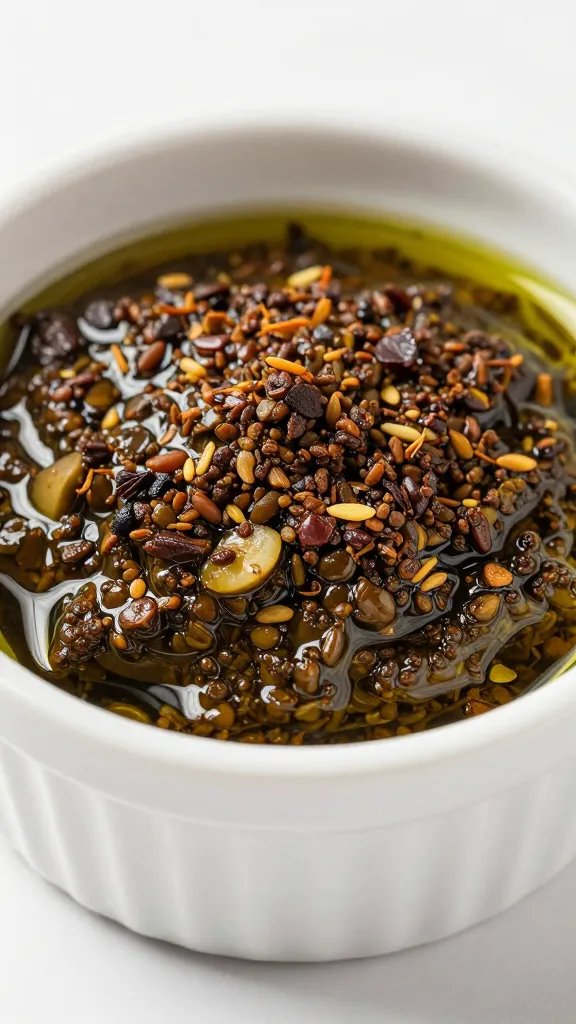 Small ramekin of za’atar, olive oil sheen, closeup