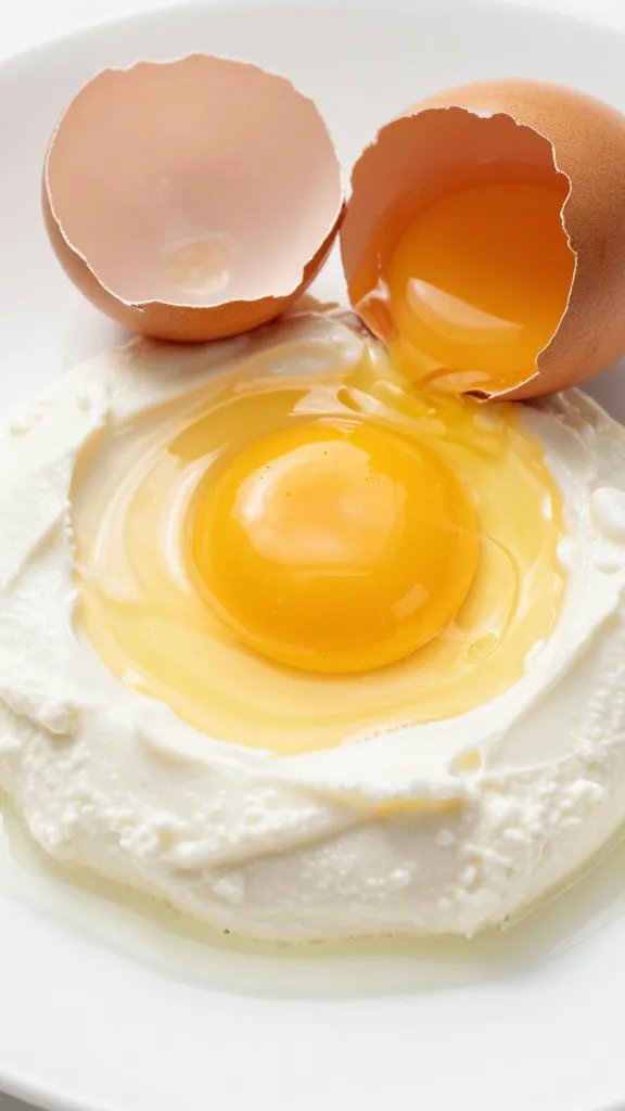Farm-fresh egg cracked, golden yolk in labneh well
