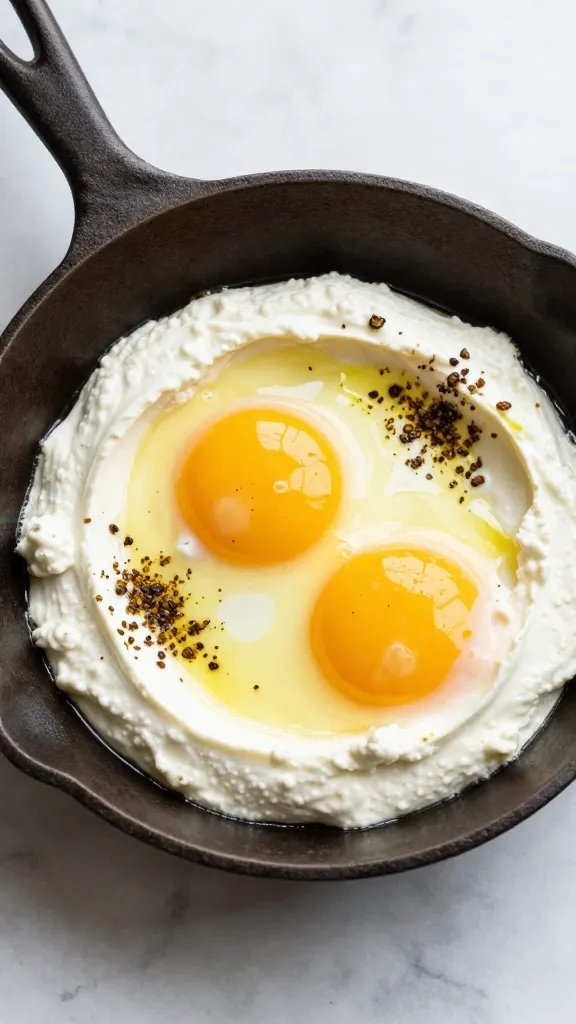 Cast-iron skillet fried egg, plated on labneh, za’atar garnish