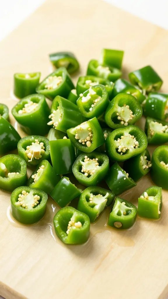 diced green Turkish pepper on olive-oiled board
