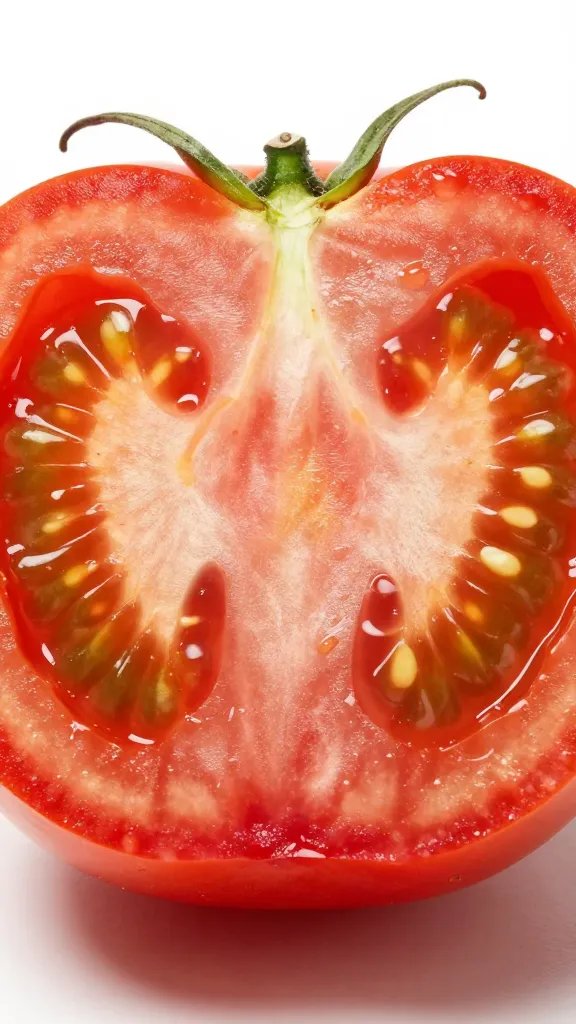 ripe tomato half with visible seeds, studio lit