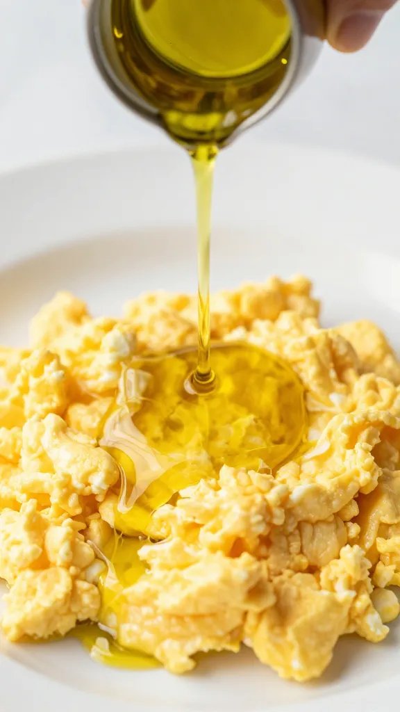 drizzle of olive oil over silky scrambled eggs