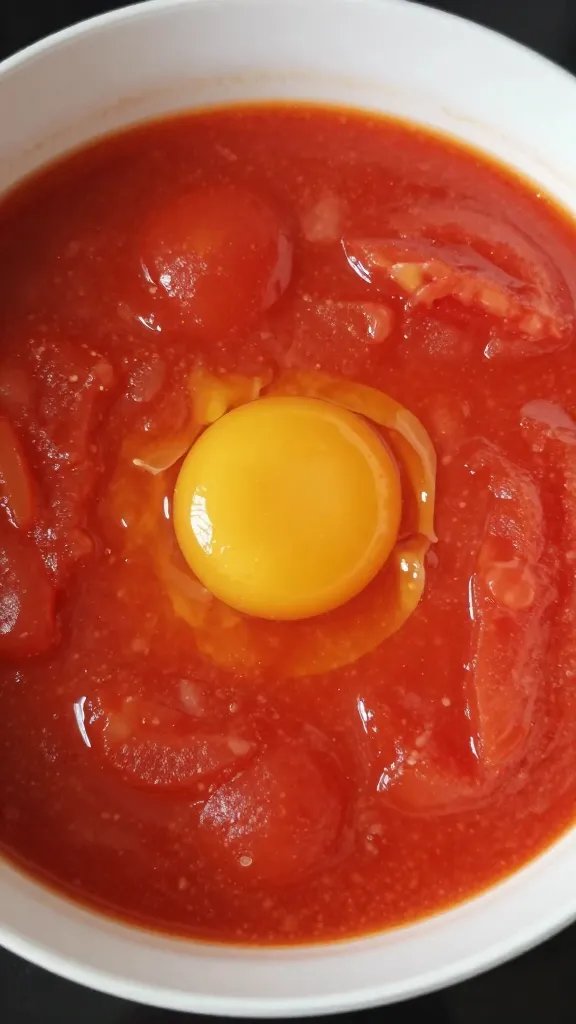 single egg cracked into simmering tomato base
