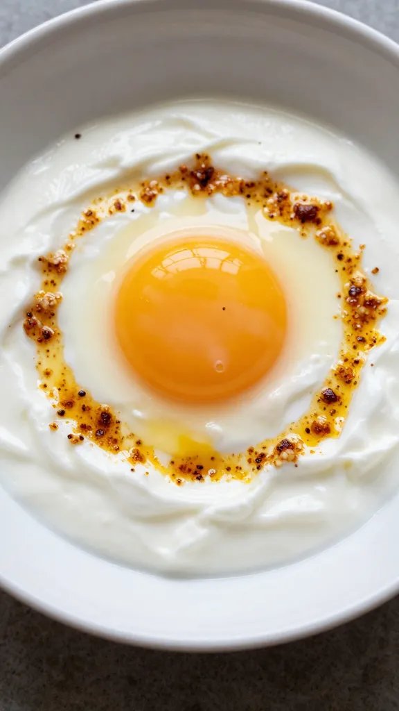 single poached egg oozing yolk on garlicky yogurt