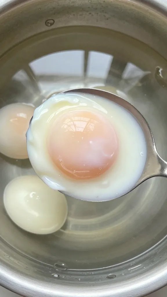 slotted spoon lifting poached egg from simmering water