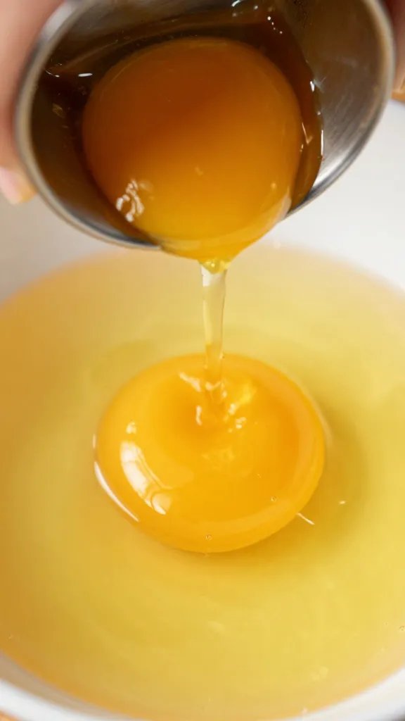 overhead macro of yolk breaking into chili butter