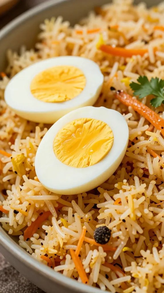 closeup bowl of egg biryani with halved eggs