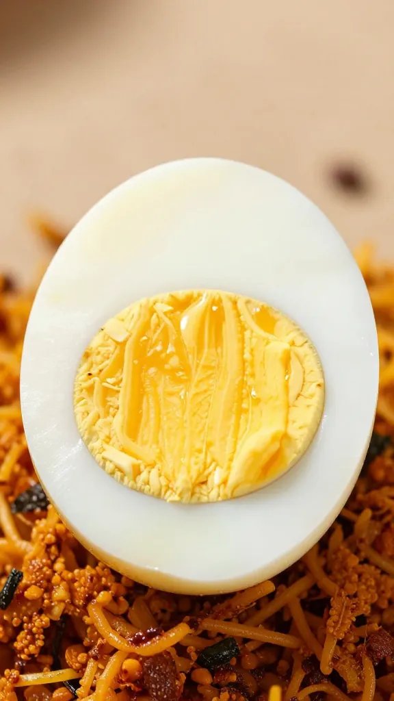 single hard-boiled egg coated in biryani masala