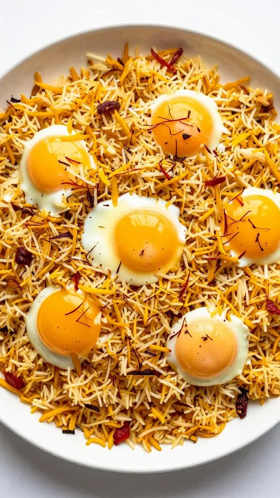 overhead plate of basmati egg biryani, saffron strands