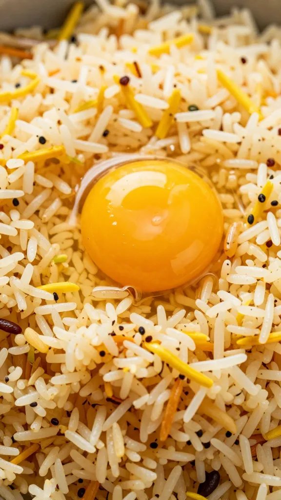 closeup biryani rice grains clinging to egg yolk