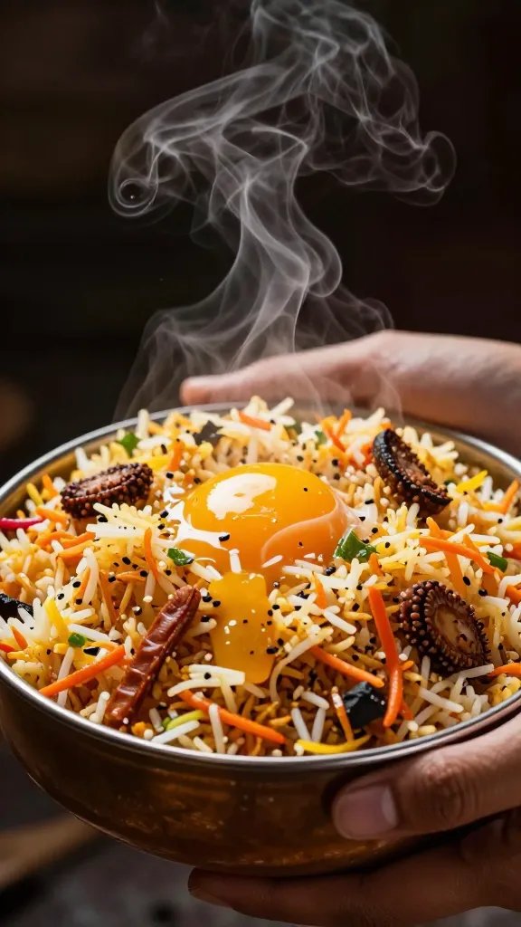 single handi of egg biryani, steam rising