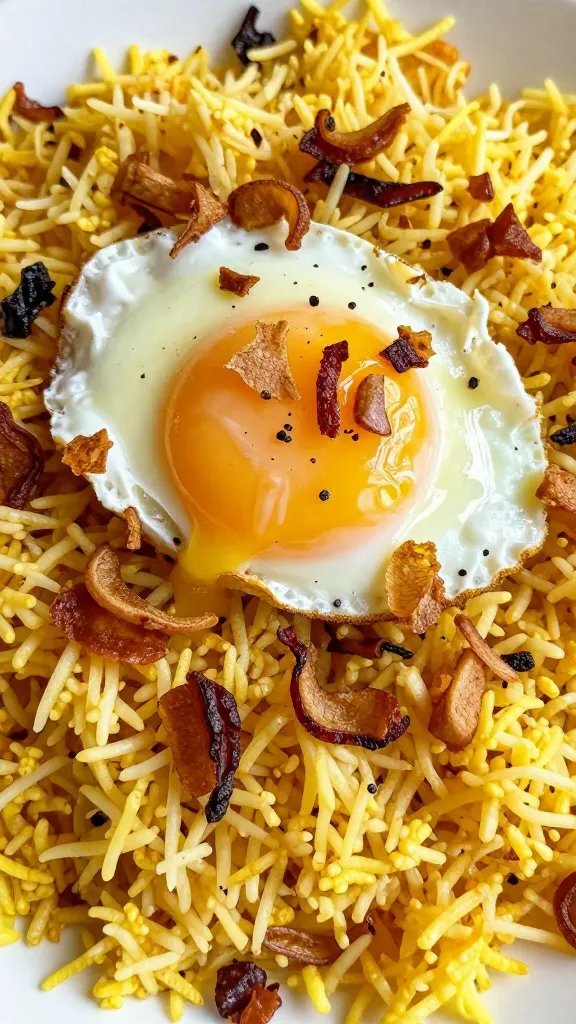 tight shot of biryani-coated egg with fried onions