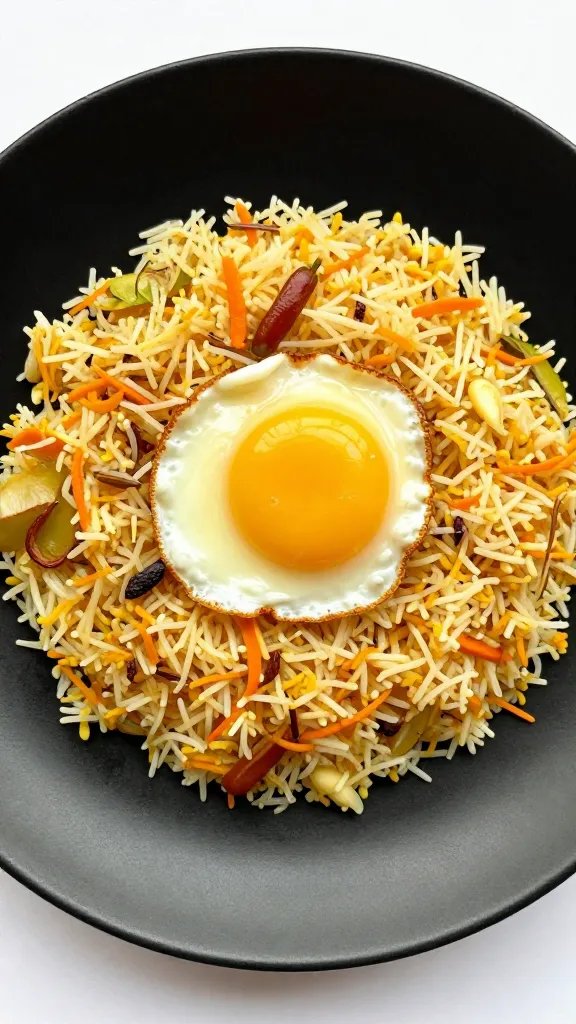 single serving of egg biryani on matte black plate