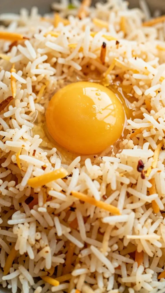 closeup biryani rice with one golden egg quarter