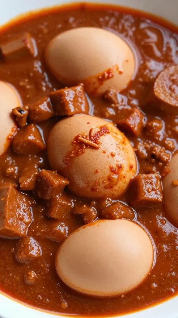 closeup bowl of Anda Masala with whole eggs, brick-red gravy