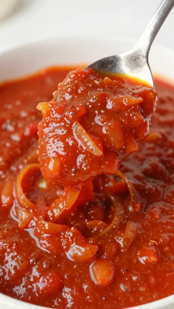 spoonful of thick onion-tomato gravy, glossy and spiced