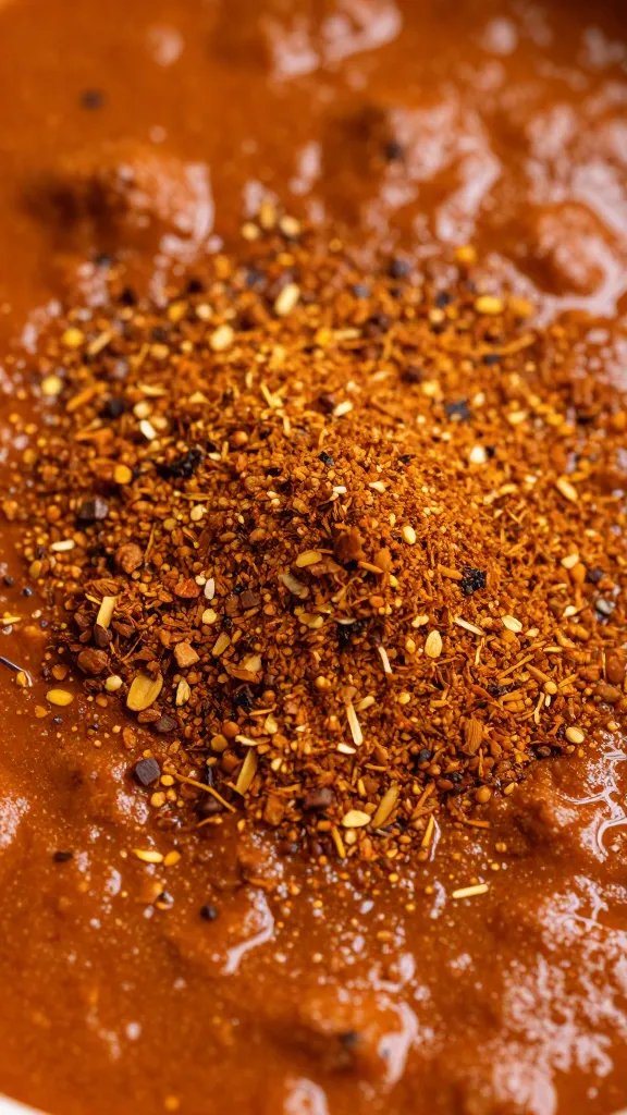 closeup of garam masala sprinkled over red curry surface