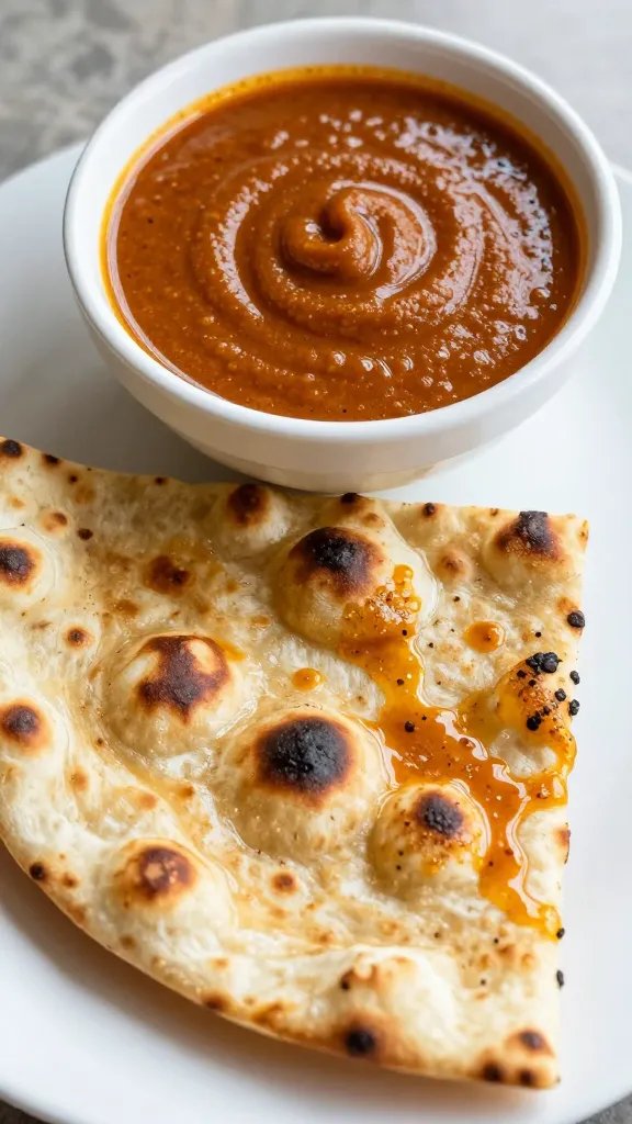single naan wedge dipped into Anda Masala gravy