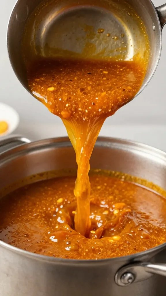 ladle pouring Anda Masala gravy back into pot, mid-stream