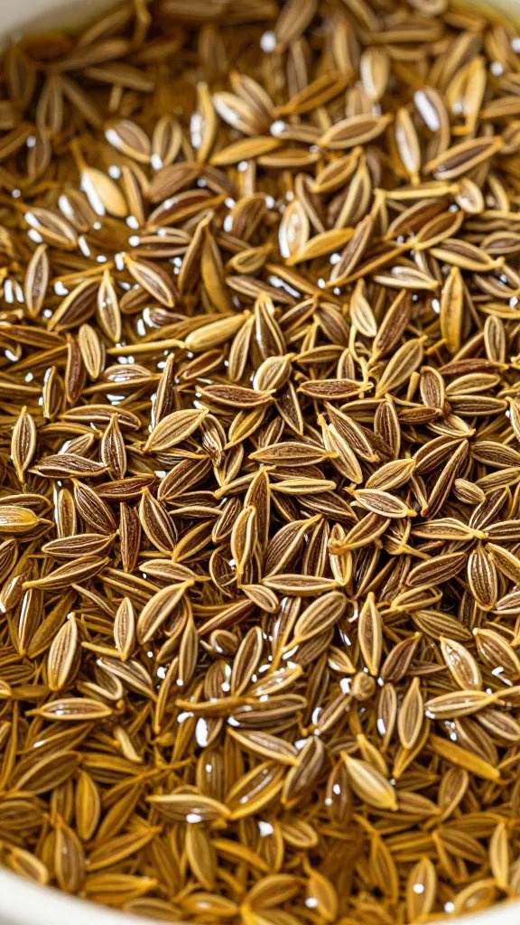 closeup of tempered cumin seeds shimmering in hot oil
