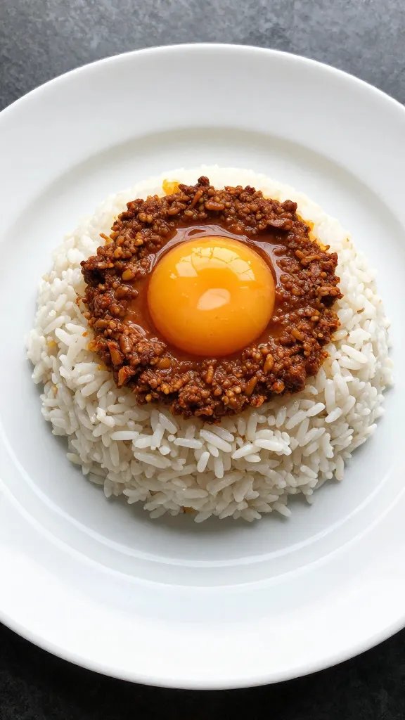 single white plate with Anda Masala egg atop rice mound