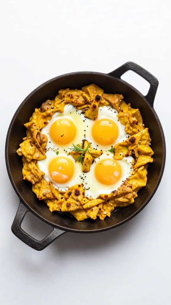 single cast-iron skillet of egg bhurji, overhead