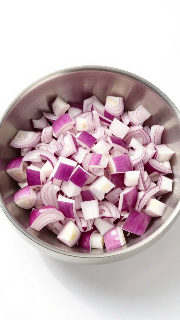 finely diced red onion in small stainless bowl