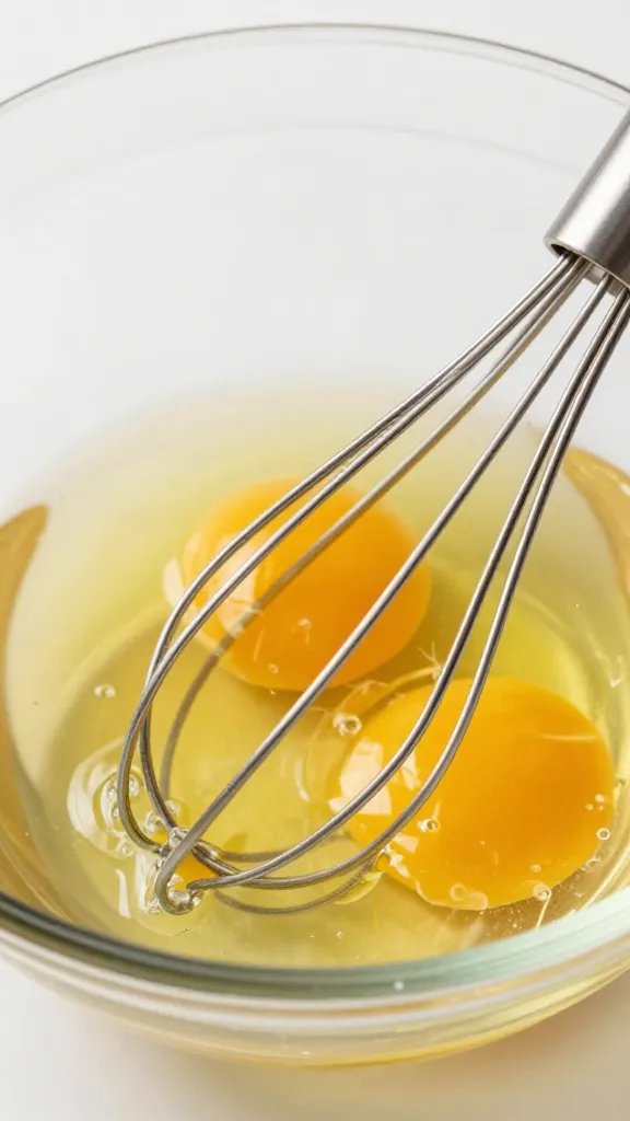 beaten eggs in glass bowl with whisk, closeup