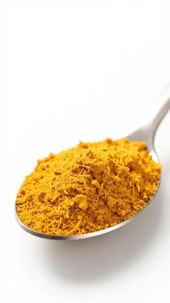 golden turmeric heap on teaspoon, macro shot