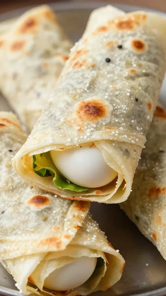 roti wrapped around egg bhurji, tight closeup