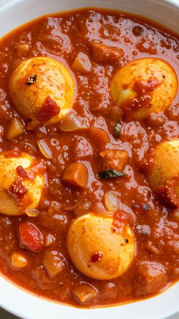 closeup bowl of North Indian egg curry, glossy tomato-onion gravy