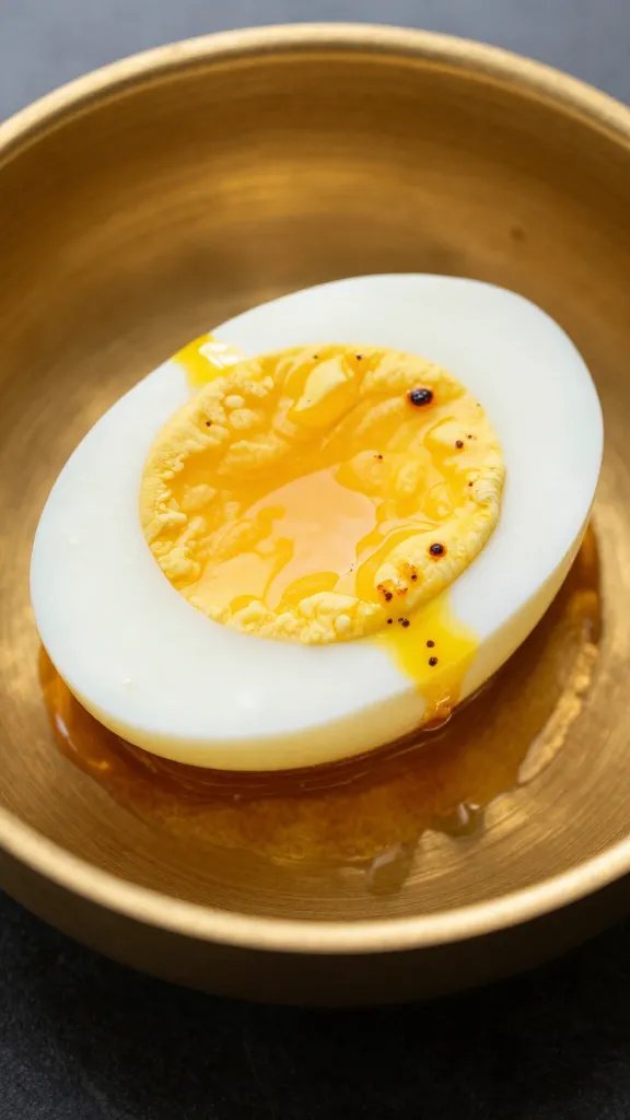 halved boiled egg coated in masala, shallow brass katori