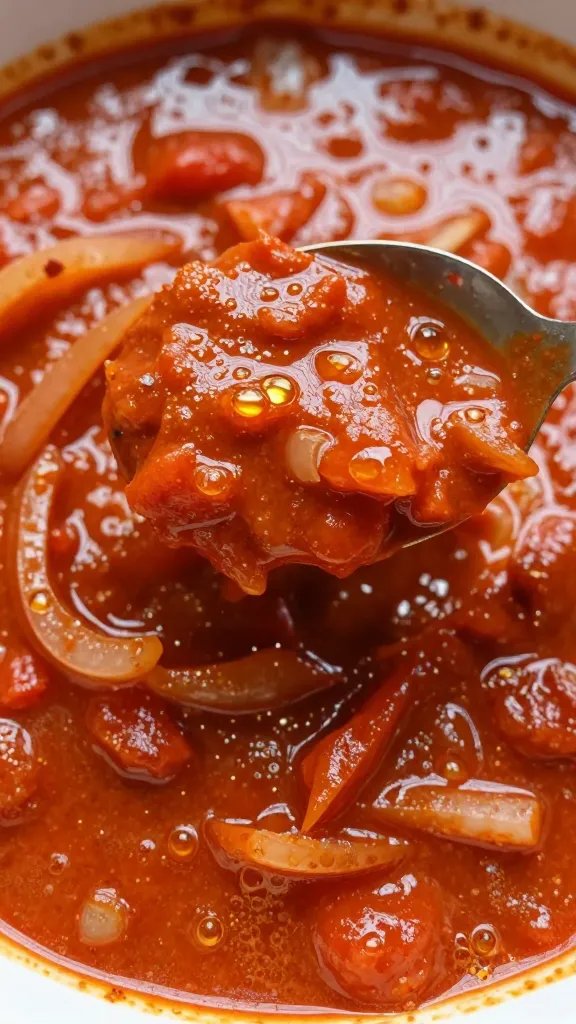 spoon lifting rich tomato-onion curry, oil droplets shimmering