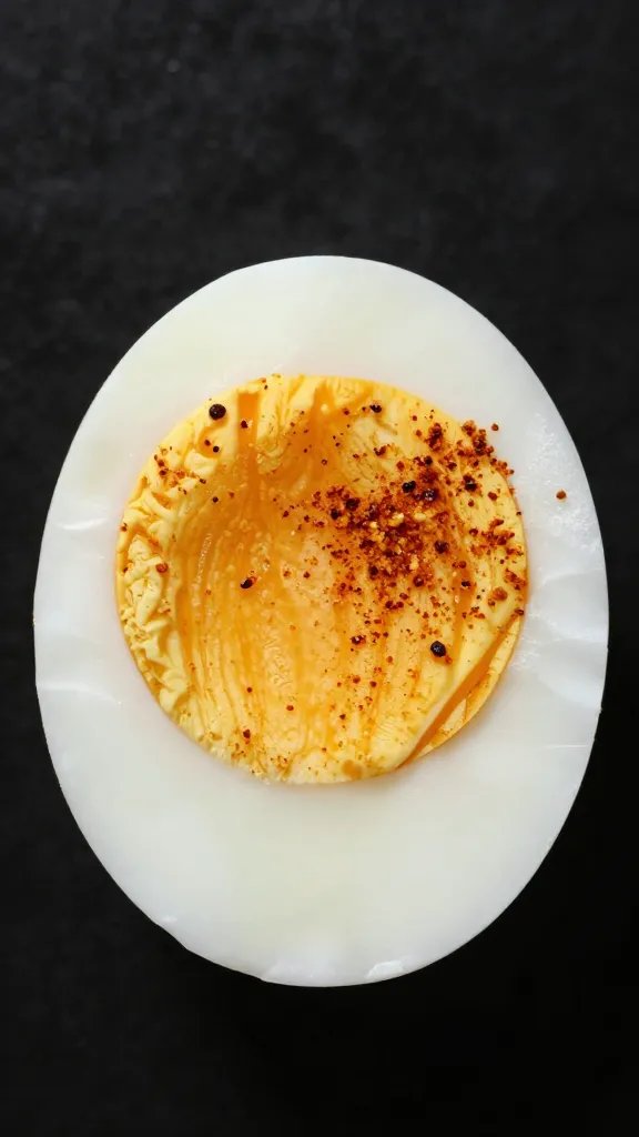 single boiled egg seared with spice crust, macro shot