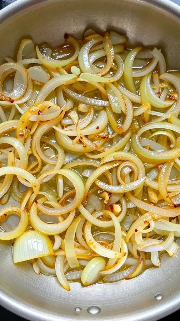 sautéed onions browning in ghee, stainless skillet closeup