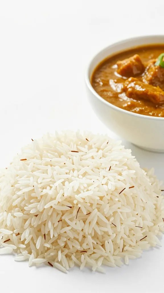 basmati rice mound beside curry bowl, shallow depth