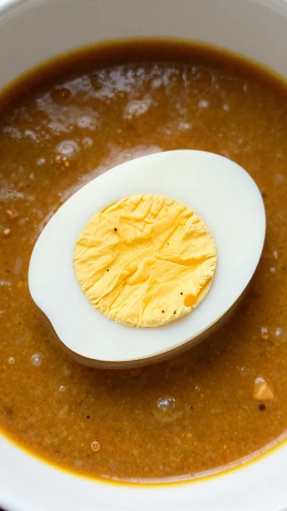 single hard-boiled egg halved in curry sauce