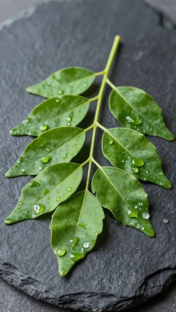 curry leaves cluster on dark slate, dewy and fresh