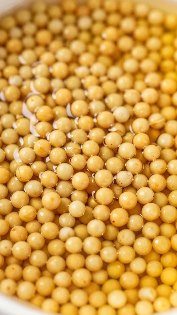 golden tempered mustard seeds in hot oil, macro