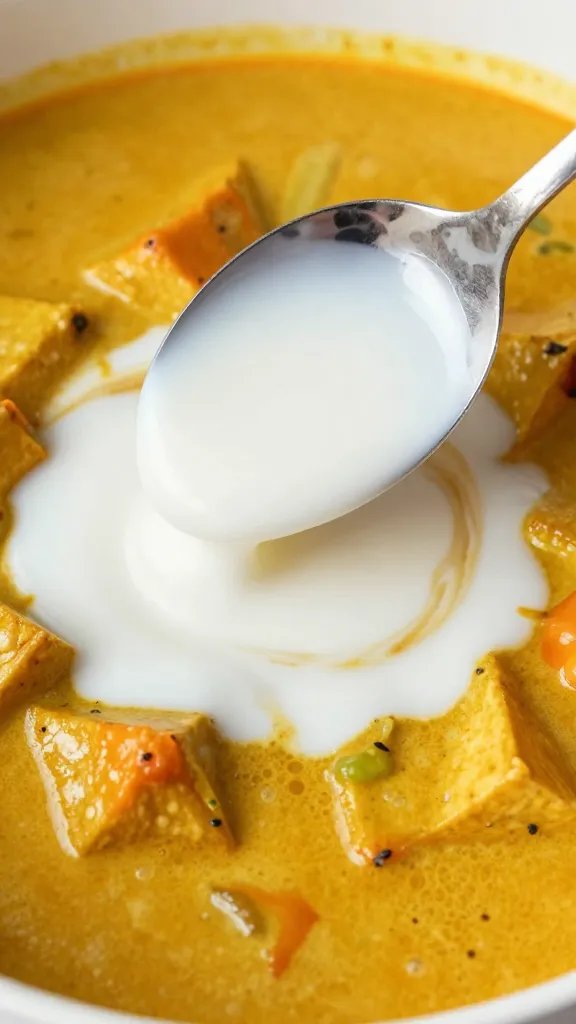 spoonful of coconut milk swirling into curry base