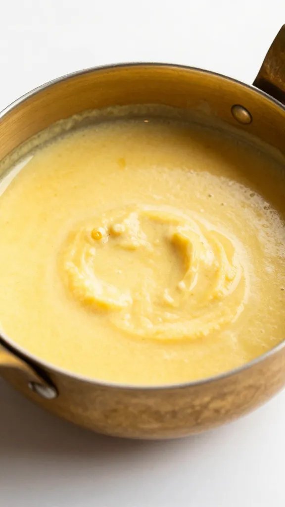 single brass ladle filled with egg curry gravy