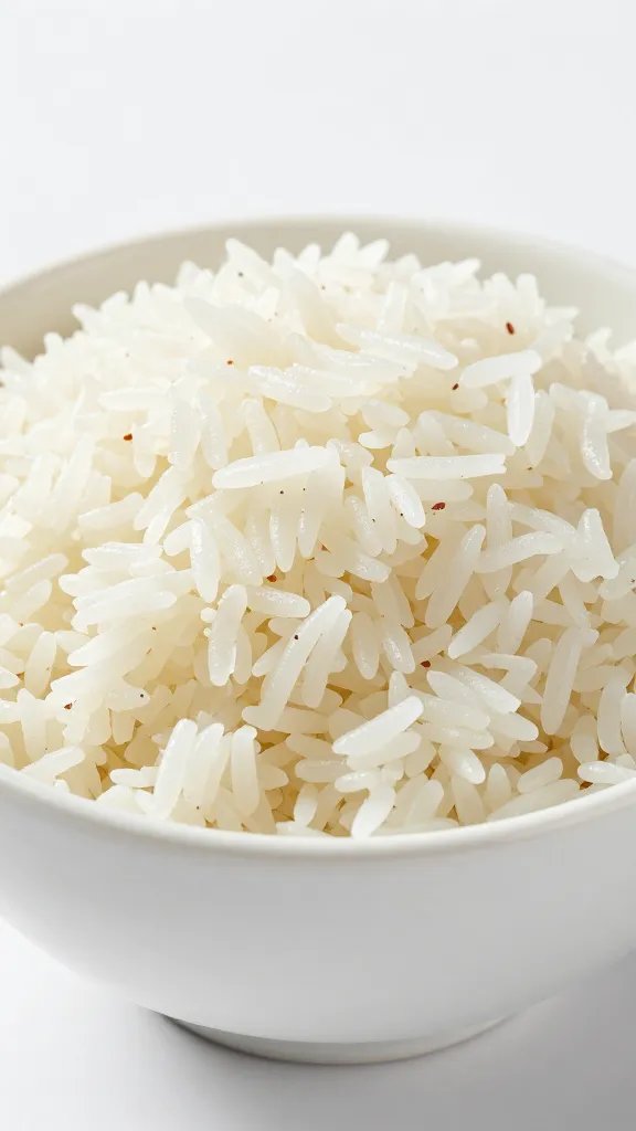 steamed basmati rice mound in white ceramic bowl