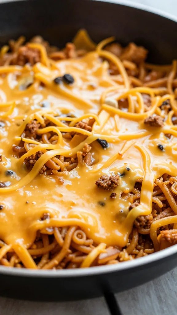 closeup skillet of Tex-Mex migas with melted cheddar