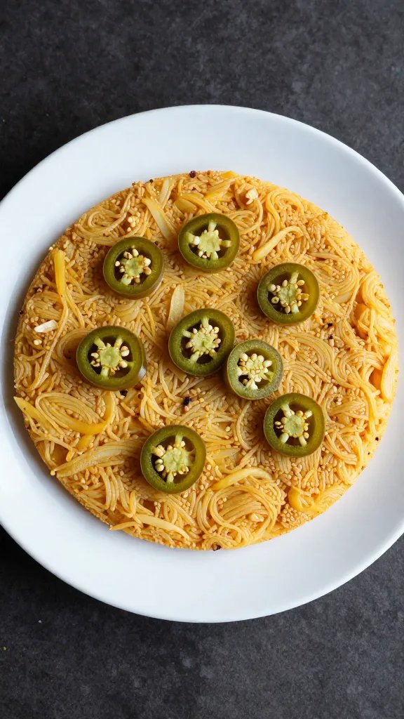 single plate of migas topped with sliced jalapeños